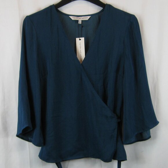 Cupcakes and Cashmere Satin Wrap Blouse Top Blue Size S NWT - Picture 2 of 7